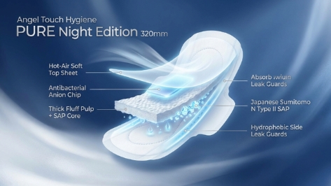 PURE Night Edition 320mm overnight sanitary pad hot-air soft top sheet and hydrophobic side guards for heavy flow
