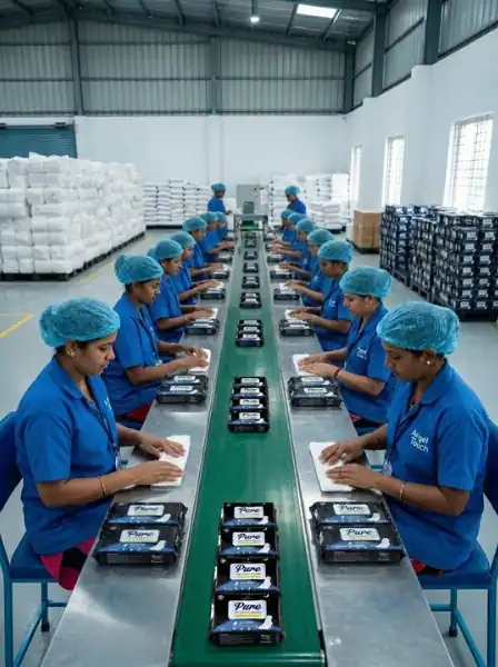Women workers at Angel Touch Hygiene manufacturing facility — Pure sanitary pads production